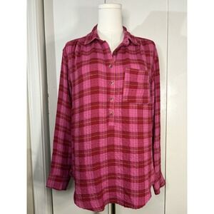 By Anthropologie Women's S Isadora Button Back Flannel Pink Red Plaid Oversized